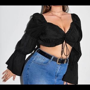 Plus Gathered Sleeve Knot Front Frill Trim Crop Top